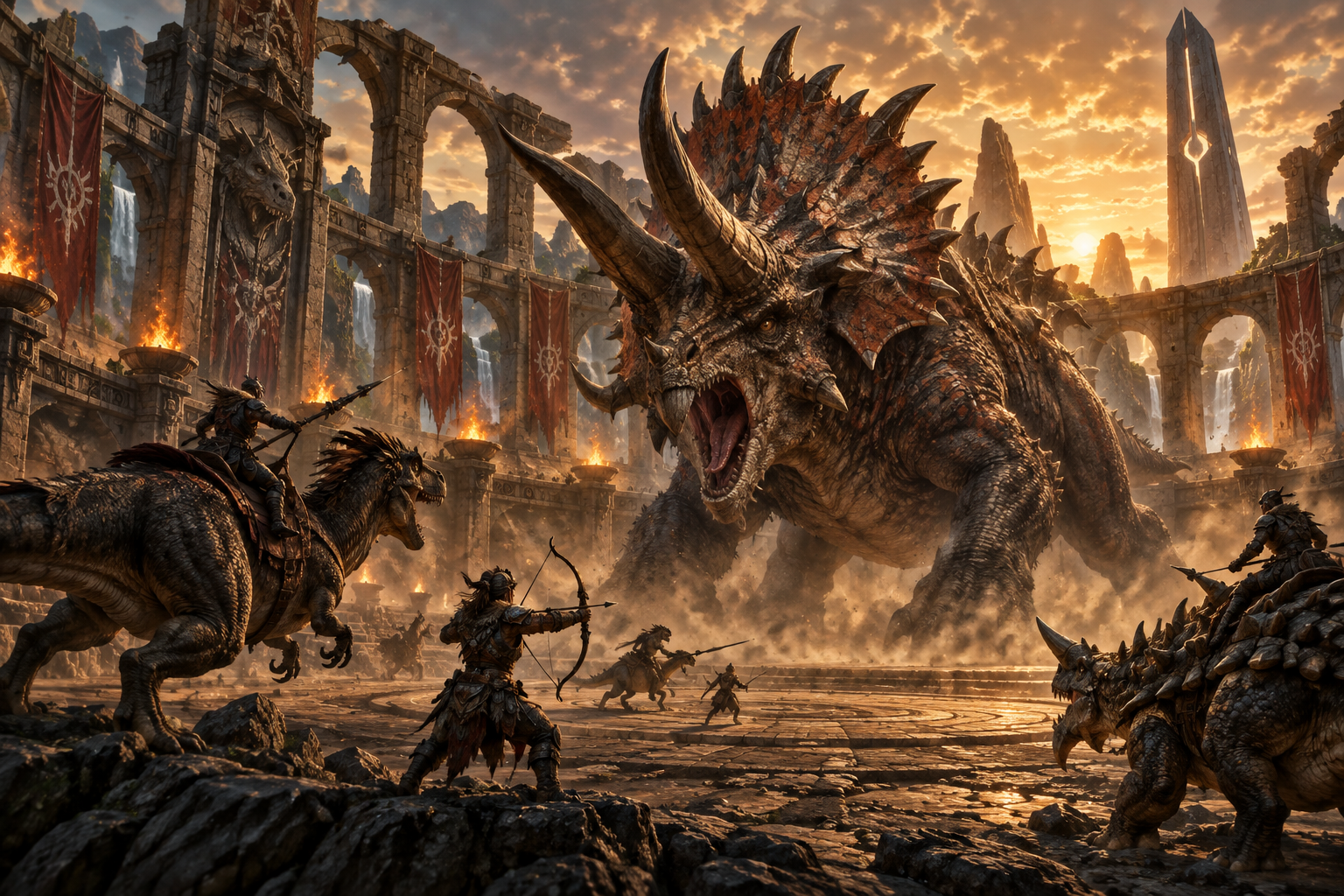 Original illustration of a giant dinosaur boss facing adventurers in a torchlit stone arena